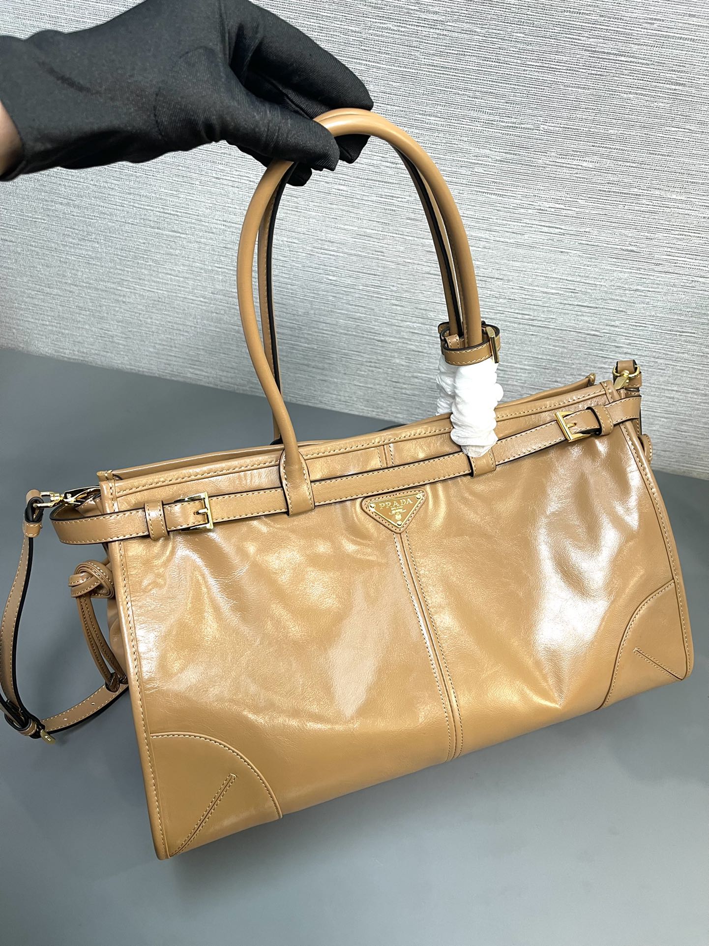 Prada Large LusSolf Leather Handbag Bag Tote Camel 1BA433